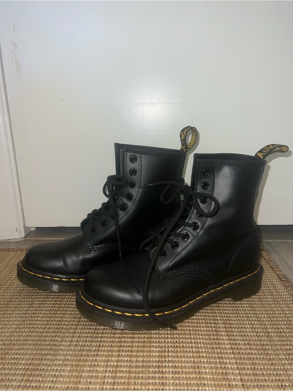 Dr. Martens Black Leather Lace-Up Boots with Yellow Stitching